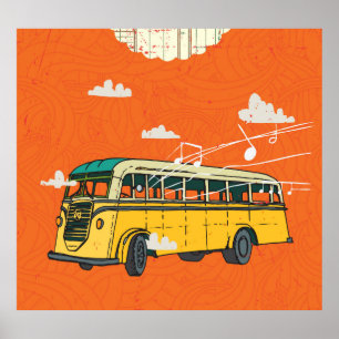 Poster Ônibus Antigo: Fundo com Textura de Nuvens