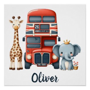 Pôster Ônibus Encantador de Londres com Girafa e Elefante