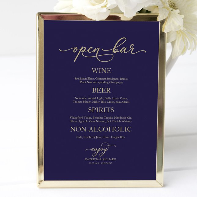 Poster Open Bar Elegant Gold Navy Blue Wedding Sign (Criador carregado)
