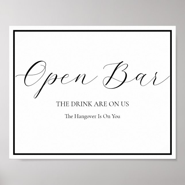 Poster Open Bar Wedding Sign Elegant Modern Calligraphy (Frente)