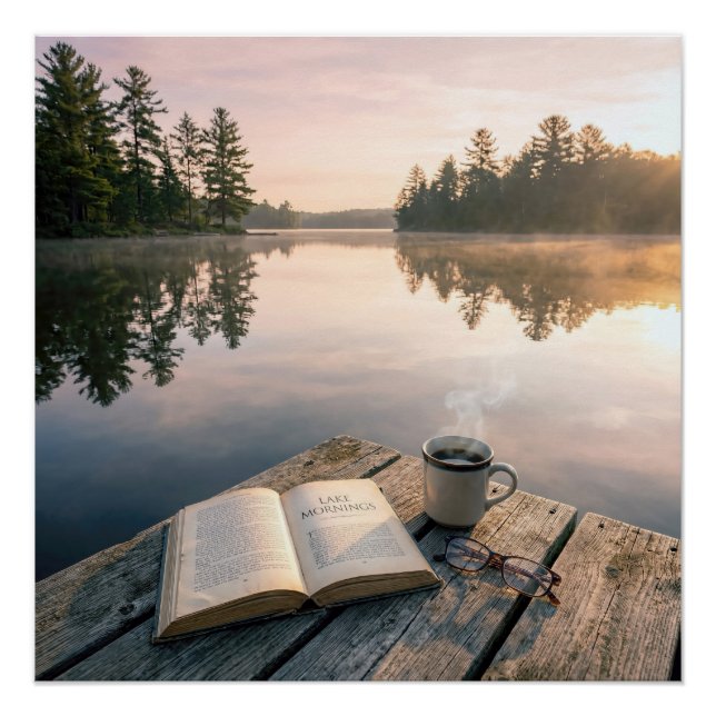 Pôster Open Book With Coffee On a Lake Dock (Frente)