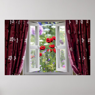 Poster Open window view onto wild flower garden
