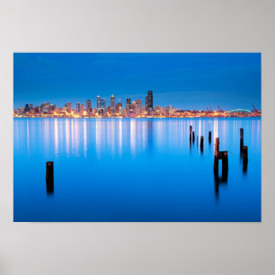 Pôster Opinião azul da hora de Seattle do centro