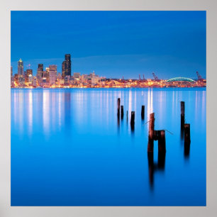 Pôster Opinião azul da hora de Seattle do centro