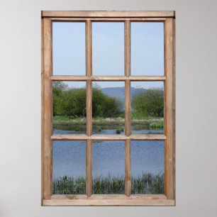 Poster Opinião do lago e das colinas de uma janela