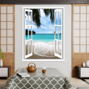 Poster opinião tropical da janela do mar 3D e da praia