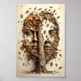 Poster Optical Illusion Tree Faces With Leaves Blowing
