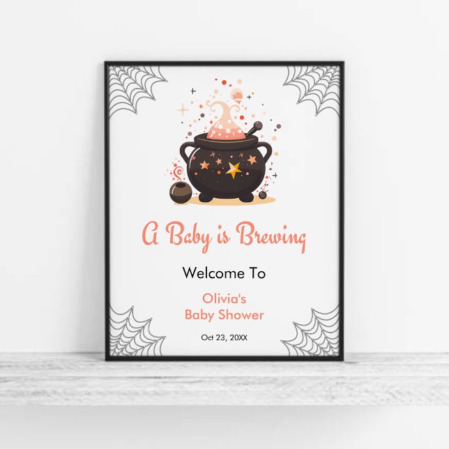 Poster Orange A Baby está criando Chá de fraldas bem-vind (Orange A Baby is Brewing Cauldron Halloween Gender Neutral Baby Shower Welcome Sign  )