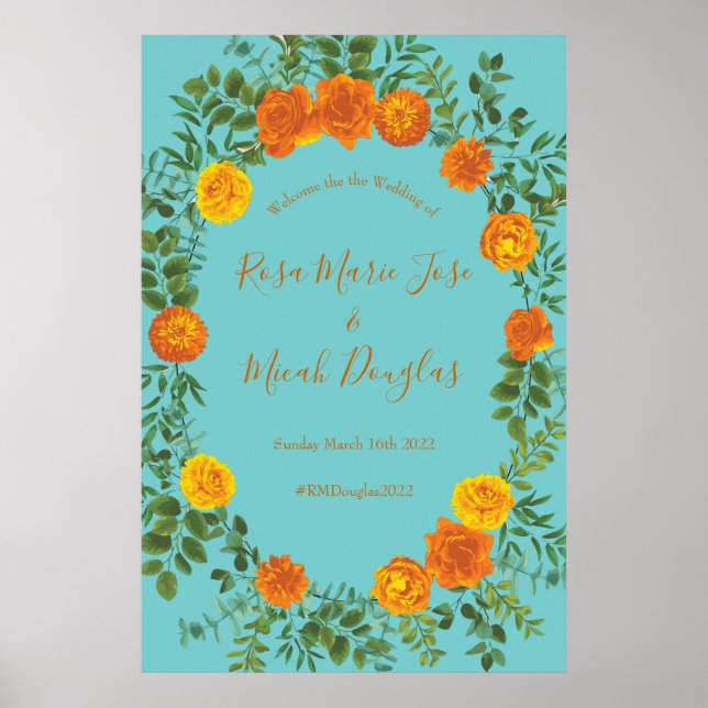 Poster Orange & Aqua Wedding Modern Floral (Frente)