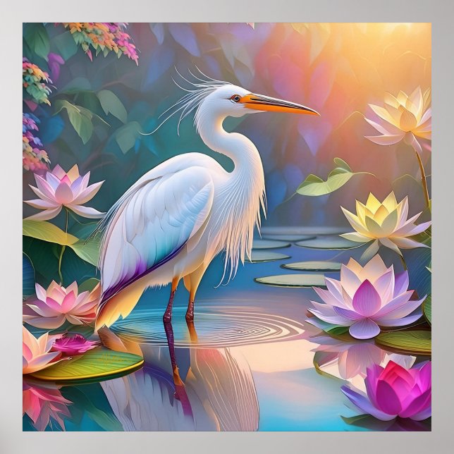 Poster Orange Billed White Heron Fantasy Bird (Frente)
