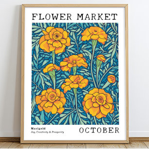 Poster Orange Floral Marigold Outubro Nascimento Mercado
