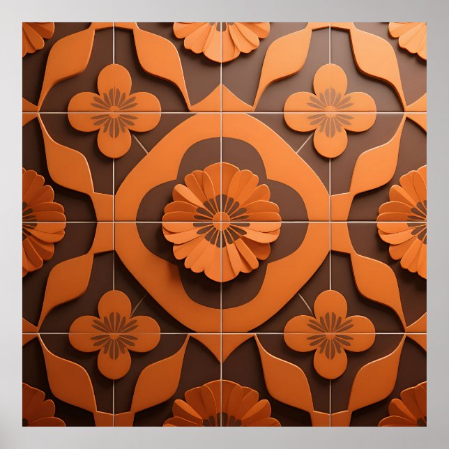 Poster Orange Floral Medallion Geometric Tile Pattern (Frente)