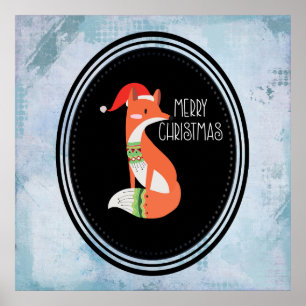 Pôster Orange Fox in Red Santa Hat Feliz Natal