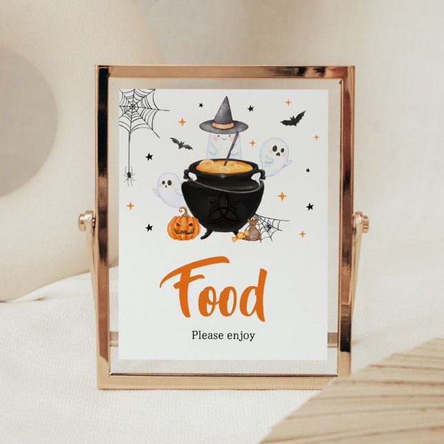 Poster Orange Ghost Halloween Baby está criando Comida (Baby is Brewing Baby Shower Food Sign)