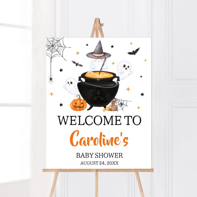 Poster Orange Ghost Halloween Baby está dando boas vindas (Baby is Brewing Baby Shower Welcome Sign)