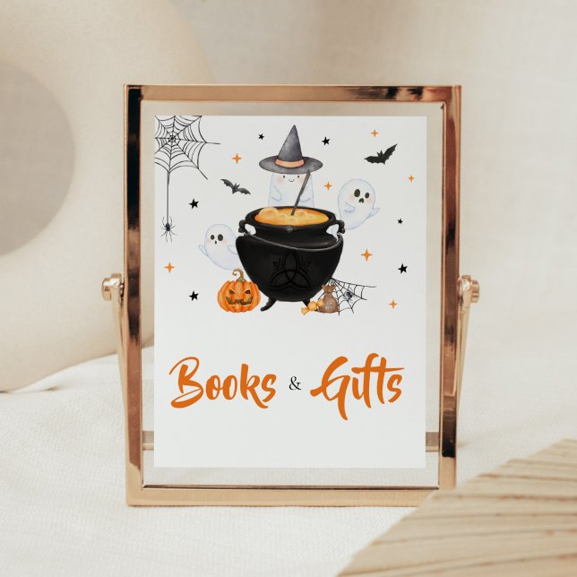 Poster Orange Halloween Baby está criando livros e presen (Baby is Brewing Baby Shower Books and Gift Sign)
