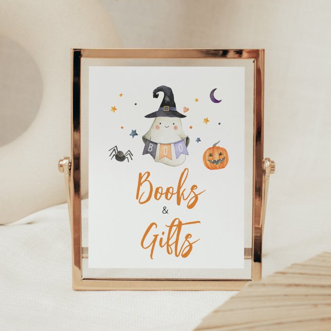 Poster Orange Halloween Ghost Pequenos Livros e presentes (Little Boo Baby Shower Books and Gifts Sign)