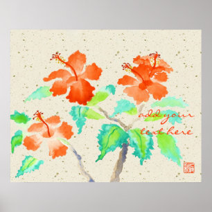 Pôster Orange Hibiscus Watercolor Painting Beige Washingt