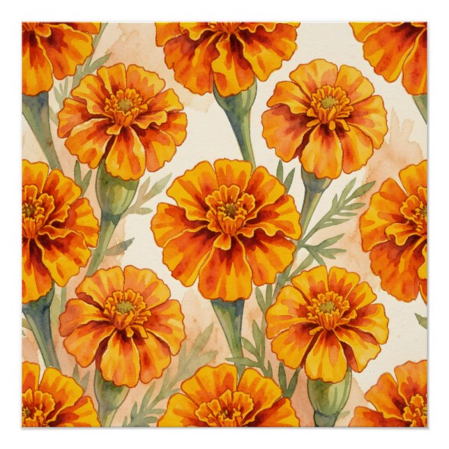 Pôster Orange marigold flowers pattern (Frente)