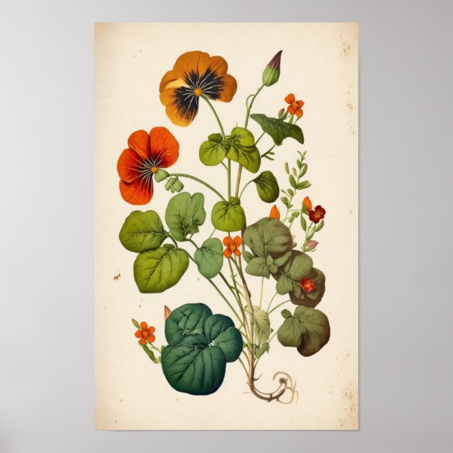 Poster Orange Nasturtium Vintage Botanical Wall Art (Frente)