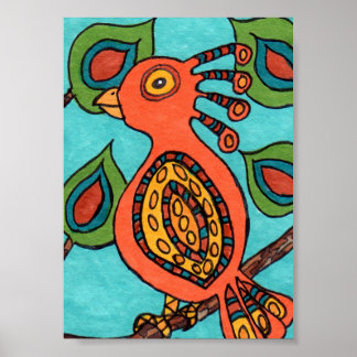 Pôster Orange Oaxacan Bird Mini Folk Art