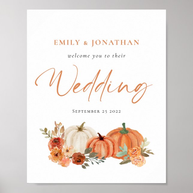 Poster Orange Pumpkins Florals Cai Bem-vindos ao Casament (Frente)