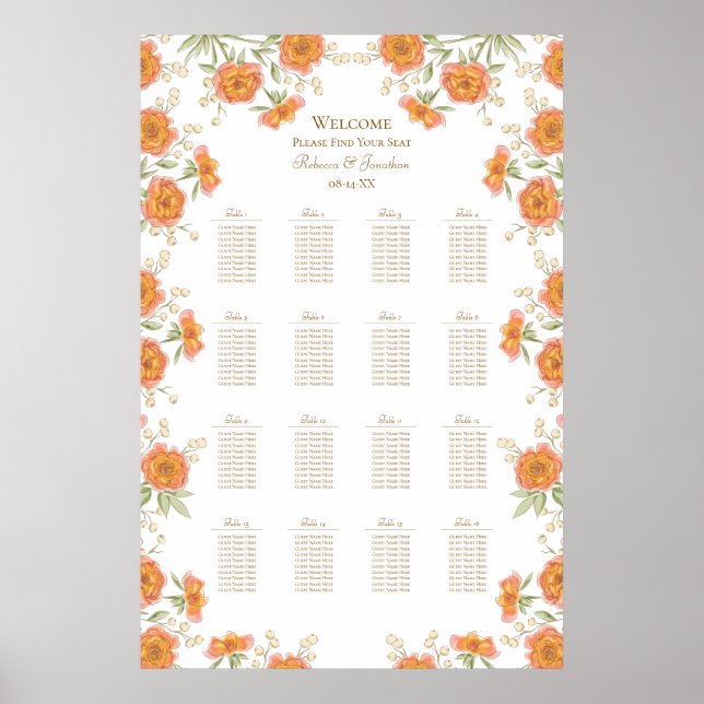 Poster Orange Rose Wedding Seating Chart (Frente)