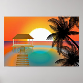 Poster Orange Sunset Beach com Palm Tree Hut