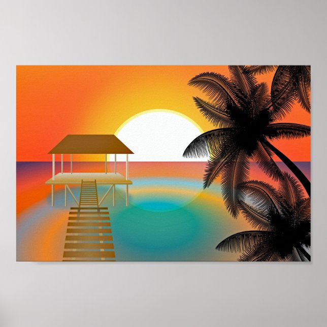Poster Orange Sunset Beach com Palm Tree Hut (Frente)