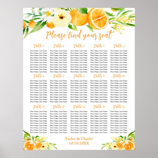 Poster Oranges Citrus Wedding 15 Tables Seating Chart (Frente)