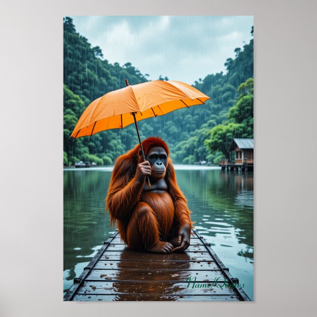 Poster Orangotango com Guarda-chuva Laranja (Frente)