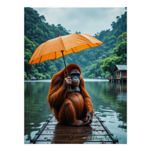 Pôster Orangotango com Guarda-chuva Laranja