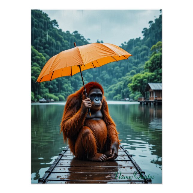 Pôster Orangotango com Guarda-chuva Laranja (Frente)