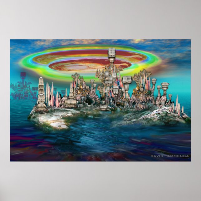 Pôster Orb sobre a Ilha UrbanBuildingTrees (Frente)