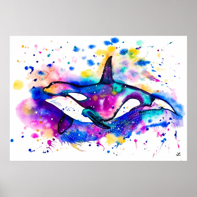 Pôster Orca de Aquarela Colorida (Frente)