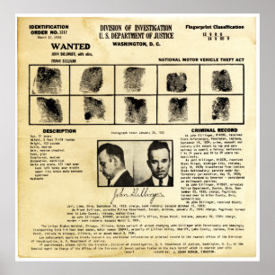 Pôster Ordem de DOJ Identifcation John Dillinger 1217