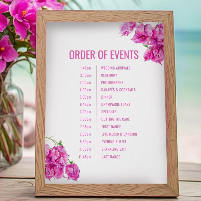 Pôster Ordem de eventos do casamento com bougainvillea ro (Criador carregado)