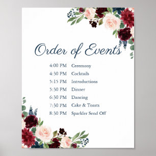 Poster Ordem floral do casamento de Marsala do marinho de
