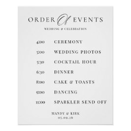 Pôster Order of Events Wedding Sign Minimalist Timeline 