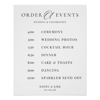 Pôster Order of Events Wedding Sign Minimalist Timeline 