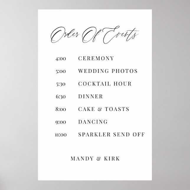 Poster Order of Events Wedding Sign Minimalist Timeline  (Frente)