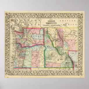 Poster Ore, Wash, Idaho, Mapa Mont de Mitchell