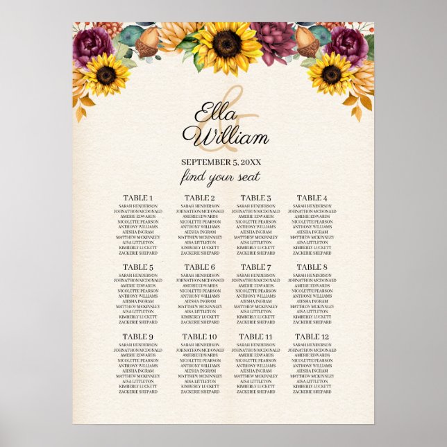Poster Organograma de Casamento Floral de Girassol (Frente)