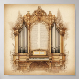Poster Órgão de Tubos Barroco Ornamentado com Roteiro Vin