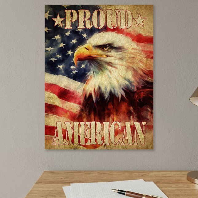 Poster Orgulhoso Americano. Águia Careca e Bandeira dos E (Proud American. Bald Eagle and United States Flag. Poster)