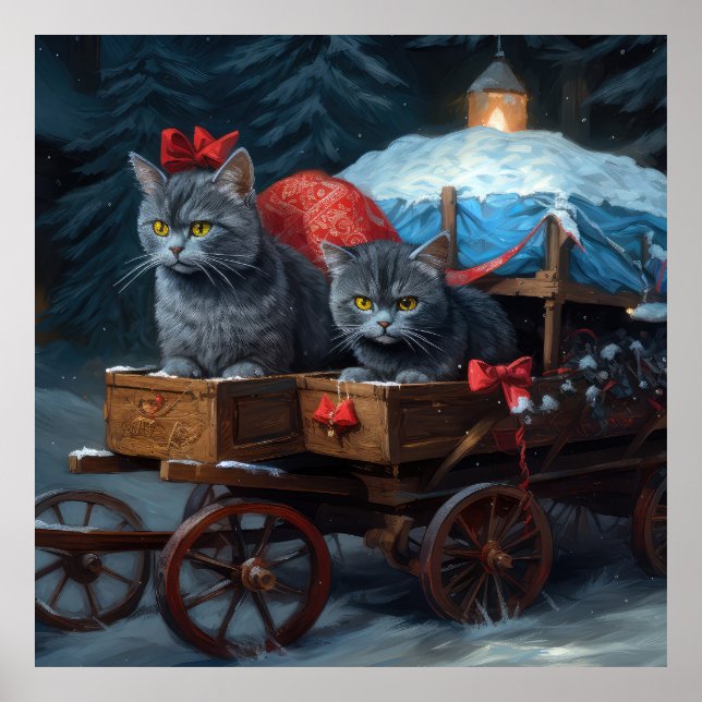Poster Oriental Blue Cat Snowy Sleigh Decência de Natal (Frente)