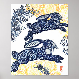 Poster Oriental Blue e Chinoiserie Bunny Rabbit