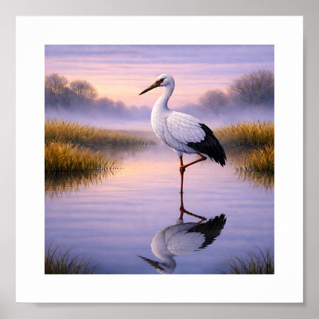 Poster Oriental Stork at Dusk – Japanese Wild Birds Art (Frente)