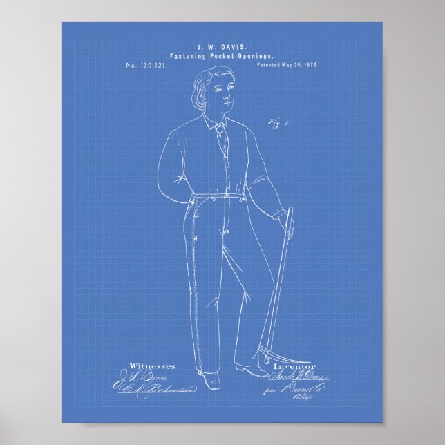 Pôster Original Blue Jeans 1873 Patent Art Blueprint (Frente)