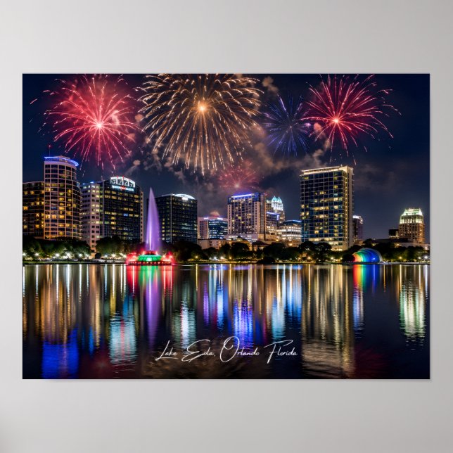Poster Orlando Florida Skyline with Lake Eola Fireworks (Frente)